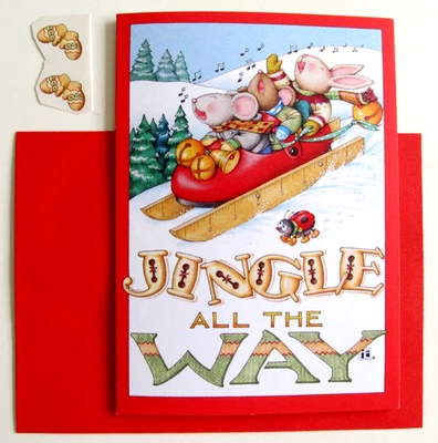 NOS Mary Engelbreit Christmas Greetings Card, Env. & Seal - Mary's Red Shoe Sled - Image 1 of 4