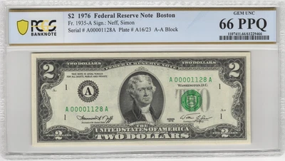 1976 Boston $2 Federal Reserve Note 4 Digit Low Serial # PCGS Gem UNC 66 PPQ - Image 1 of 2