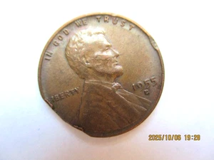 1955-D LINCOLN WHEAT PENNY-ERROR ON RIM CLIPPED PLANCET ON EDGE BELOW LIBERTY - Picture 1 of 6