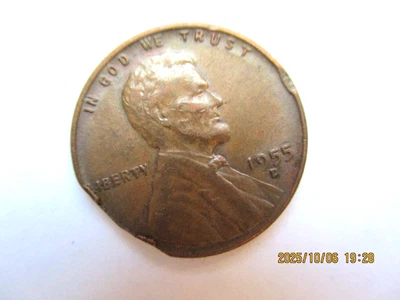 1955-D LINCOLN WHEAT PENNY-ERROR ON RIM CLIPPED PLANCET ON EDGE BELOW LIBERTY - Image 1 of 4