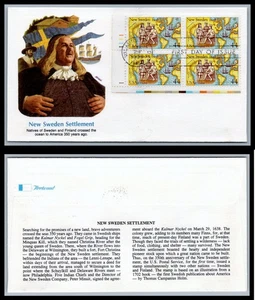 US FDC # C117 44c New Sweden Colony  Fleetwood Plate Block LL 1988, 0a1800 - Picture 1 of 1