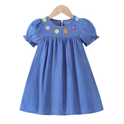 Vestido feminino efeito jeans 4Y com mangas folhadas e detalhes florais 3D - Imagem 1 de 4