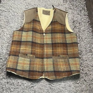 Hunt Club Vest Mens Medium Brown Plaid Wool Mohair Sherpa Lined Full Zip Outdoor - Picture 1 of 13