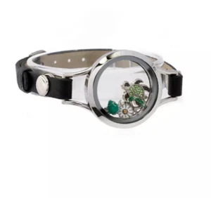 Single Strap Memory Glass Floating Charm Stainless Steel Locket Leather Bracelet - Picture 1 of 7