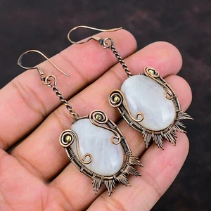 Rainbow Moonstone Copper Gift For Briedsmaid Wire Wrapped Earrings 2.87" - Picture 1 of 7