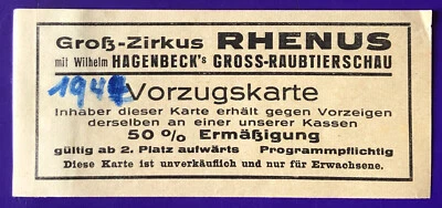 Tcket Billett  Eintrittskarte Zirkus RHENUS Renz mit HAGENBECK'S RAUBTIERSCHAU - Bild 1 von 2