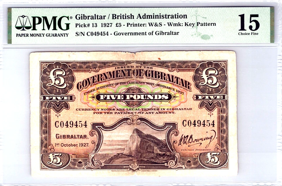 Gibraltar £5 Pounds 1927 Pick# 13 PMG 15 Choice Fine - Image 1 of 4