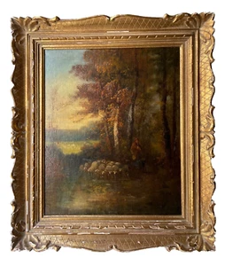 Antique French Barbizon Signed Oil 1900's - Sheperdess & Sheep at Sunset - Picture 1 of 21