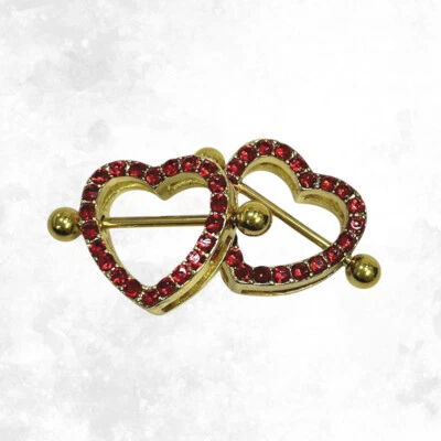 14G Paved Crystal Red CZ Heart Nipple Shield Ring Bar Piercing Jewelry 15mm 5/8" - Image 1 of 4