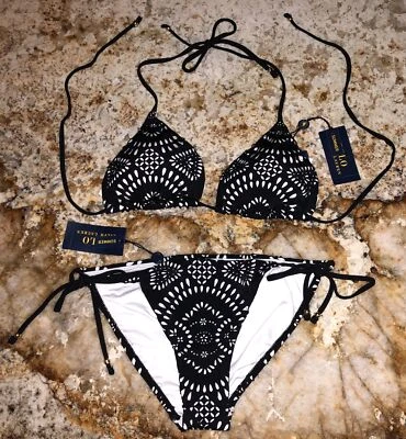 Traje de baño bikini triángulo negro blanco corte láser Ralph Lauren Ricky NUEVO para mujer M Foto 1 de 4