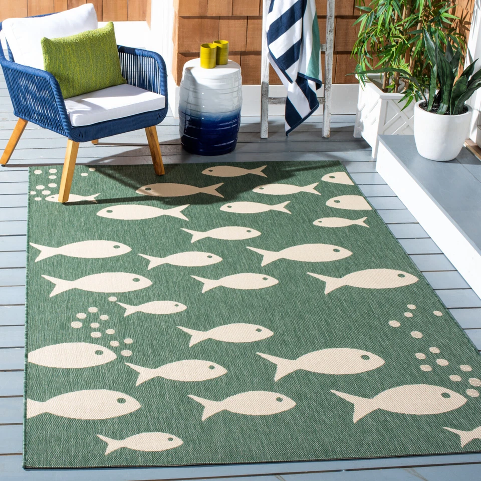 SAFAVIEH Outdoor CY6012-322 Courtyard Dark Green / Ivory Rug - Image 1 of 4