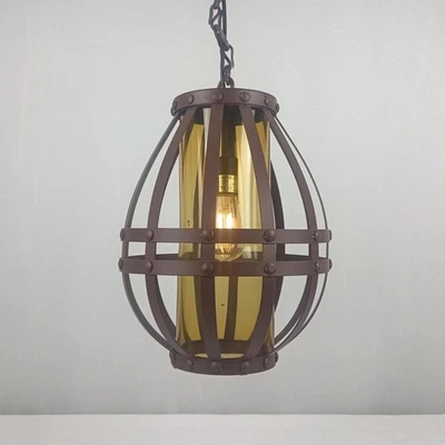 Lámpara colgante de linterna estilo gótico rústico cuerpo de jaula de hierro tubo de vidrio ámbar Foto 1 de 4