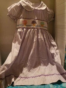 VINTAGE MARMELLATS GIRLS DRESS PURPLE SZ 6 BUTTON, TIE BACK SMOCKED E.BROIDERY - Picture 1 of 10
