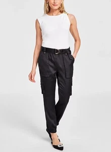 INC International Concepts Women's High-Rise Satin Cargo Pants Deep Black Size L - Picture 1 of 2
