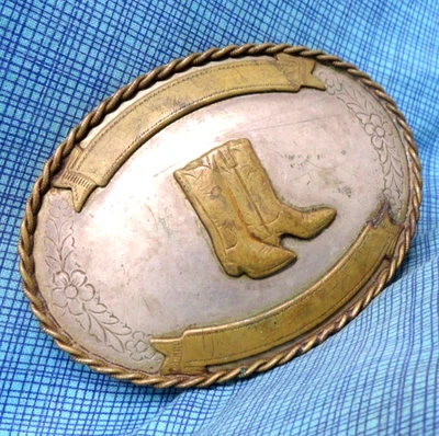 Western Boots Trophy Belt Buckle Working Cowboys Nickel Silver Vtg 80s   .GMP580 - Image 1 of 4