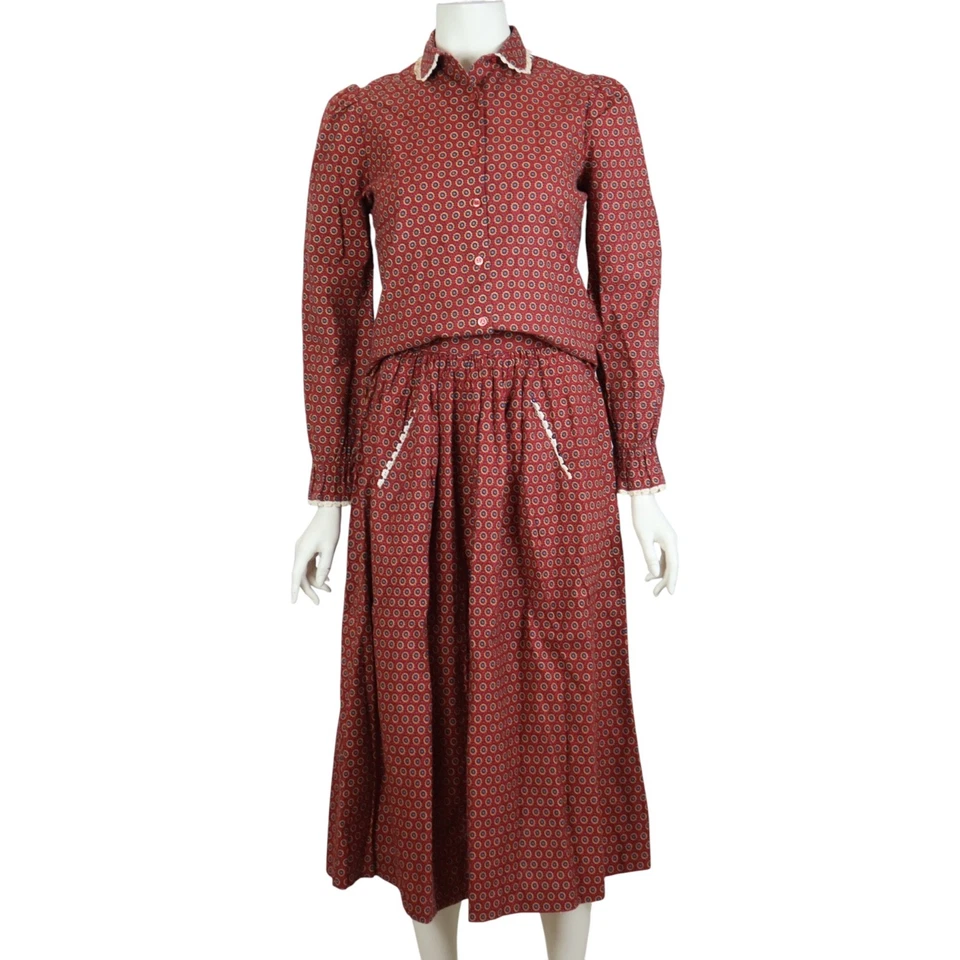 Vintage Sears 2 Piece Skirt Set Pleated Red Daisy Prairie 70s Women's Small - Image 1 of 4