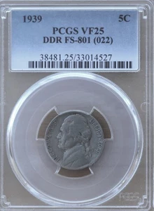 1939 JEFFERSON NICKEL - Double Die Reverse FS-801 - PCGS VF25 - Picture 1 of 4