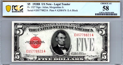 $5 1928-B Legal Tender "RED SEAL" PCGS 58 Choice AU Fr. 1527 - Image 1 of 3
