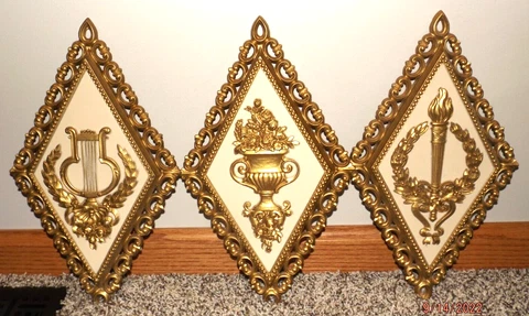 SET LOT 3 HOMCO GOLD GRECIAN WALL HANGING DECOR PLAQUES 1971 7227 VTG RETRO MCM Cover