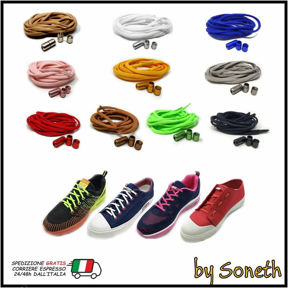 LACCI ELASTICI COLORATI PER SCARPE SNEACKERS CON FIBBIA CHIUSURA CAPSULA METALLO - Immagine 1 di 1