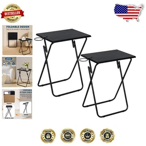 Versatile Set of 2 Folding TV Dinner Tables - Heavy-Duty & Portable Black Design - Picture 1 of 9