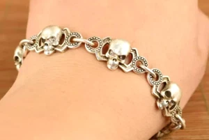 UNISEX BIKERS STAMPED .925 STERLING SILVER 8 INCH SKULL BRACELET. - Picture 1 of 7