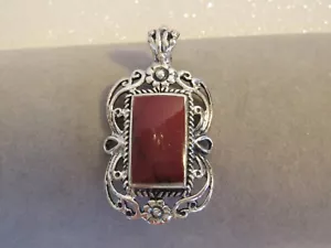 Sterling Silver & Carnelian Scroll & Flowers Rectangular PENDANT 1.5" L & 7/8" W - Picture 1 of 6