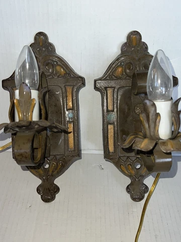 30's Antique Vintage Pair Cast Iron Polychrome Wall Lamps Lights Sconces Cover
