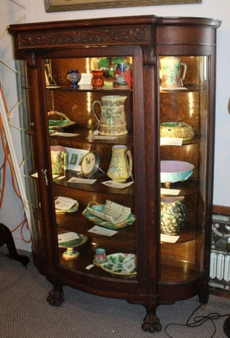 Antique Oak Curved Glass China Cabinet - Large Carved Claw Feet Cover