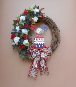 16" Patriotic Freedom July 4th Red White Blue Floral Summer Grapevine Wreath - Picture 1 of 4