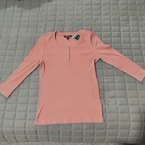 Lauren Ralph Lauren Med Pink Henley Top Gold Snaps Ribbed Knit So Soft NWT - Picture 1 of 13