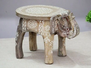 12" Inch Wooden Elephant Painted Floor Decor Side Stool Kids Stools, Wood Chair - Picture 1 of 3