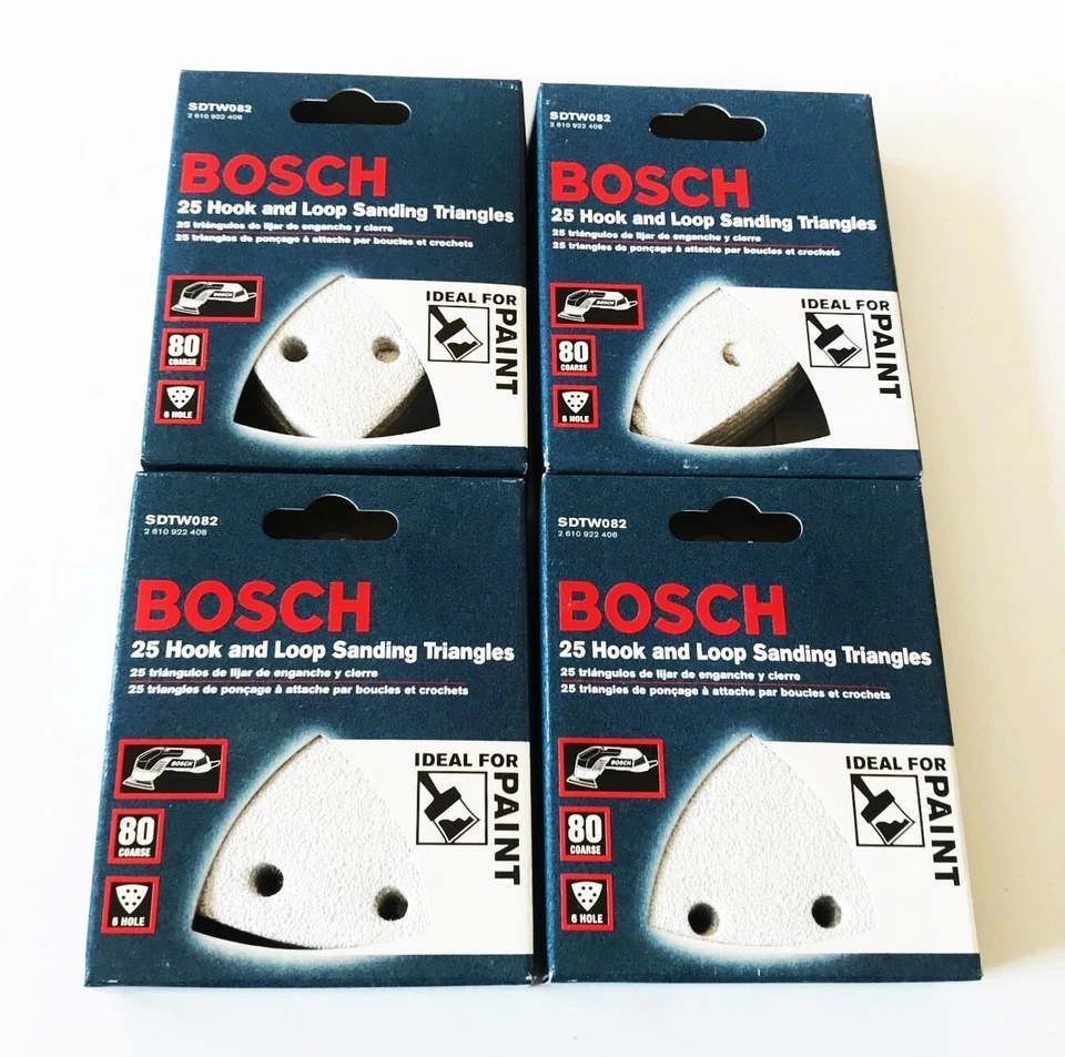 100 BOSCH HOOK AND LOOP SANDING TRIANGLES DISCS 80 GRIT 6 HOLE ITALY SDTW082 - Image 1 of 1