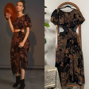 Maxi Vestido Anthropologie Let Me Be XS Corte Marrón Terciopelo Burnout - Imagen 1 de 11