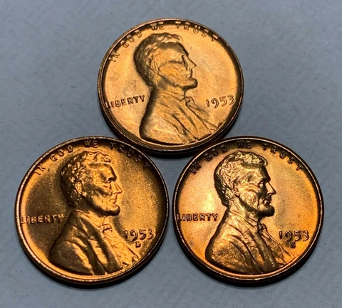 (BU Red Gem) 1953 P D S Lincoln Wheat Cent  3 Penny Set SUPERB Looking Coins Cover