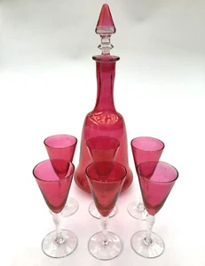 Cranberry Glas Karaffe und passende Cordial Gläser Set 7-teilig MCM - Bild 1 von 12