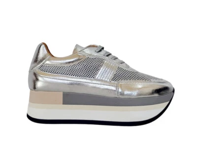 SCARPE SNEAKERS DONNA NACREE PELLE RETE ARGENTO SILVER LACCI ZEPPA PLATEAU ITALY - Immagine 1 di 4