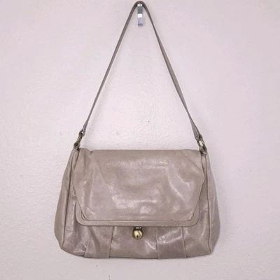 HOBO Shoulder Bag Fold Over Kisslock Frame Wallet Taupe Leather Satchel Purse - Image 1 of 4