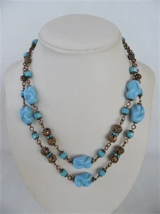 Vintage Miriam Haskell Art Deco Double Strand Turquoise Blue Glass Necklace - Picture 1 of 8