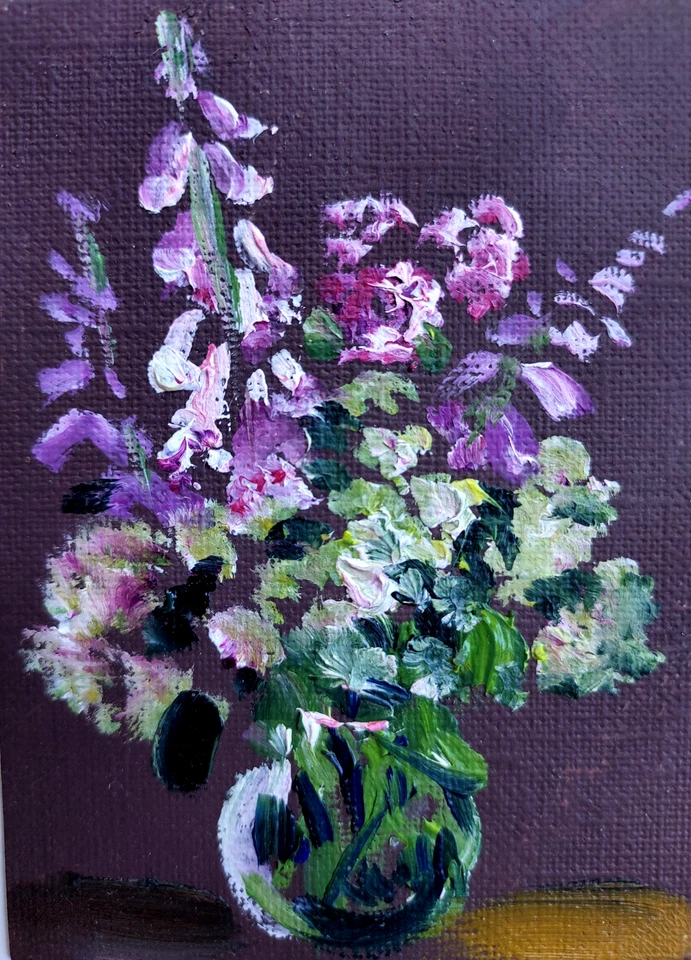 ACEO ORIGINAL oil painting  - Foxglove flower still life - 2.5x3.5 in artist MK - image 1 of 1