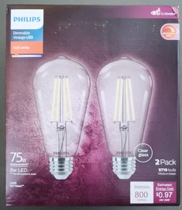 (8 Bulbs) Philips LED 75W Clear Soft White ST19 Dimmable, 800 Lumens - Picture 1 of 3