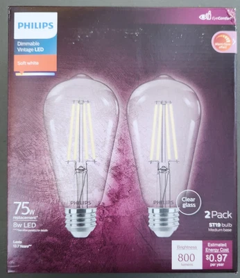 (8 Bulbs) Philips LED 75W Clear Soft White ST19 Dimmable, 800 Lumens - Image 1 of 3