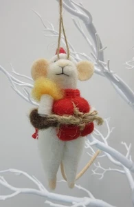 Ratón de fieltro adorno de Navidad 5,25 pulgadas regalo Santa sombrero bufanda roja vintage - Imagen 1 de 9