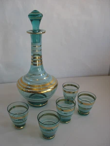 Vintage Bohemian Blue Decanter Cordial Liquor Set Gold Stripe Trim 5 Shot Glass - Picture 1 of 13