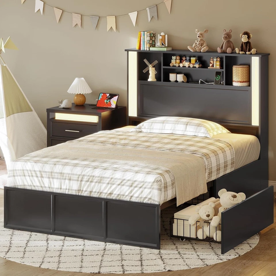 T/F/Q Size Bed Frame with 4 Storage Drawers and Charging Station, Black Wooden - Image 1 of 1