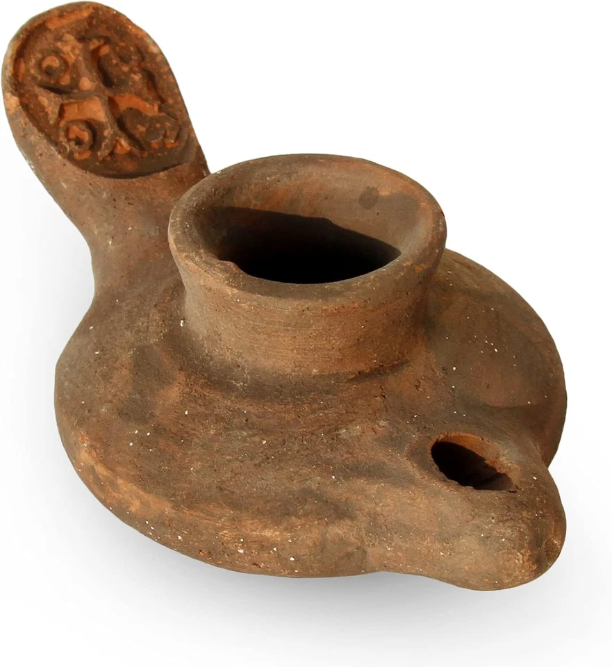 Handmade Herodian Oil Lamp with Cross – Authentic Biblical Terracotta Clay Lamp