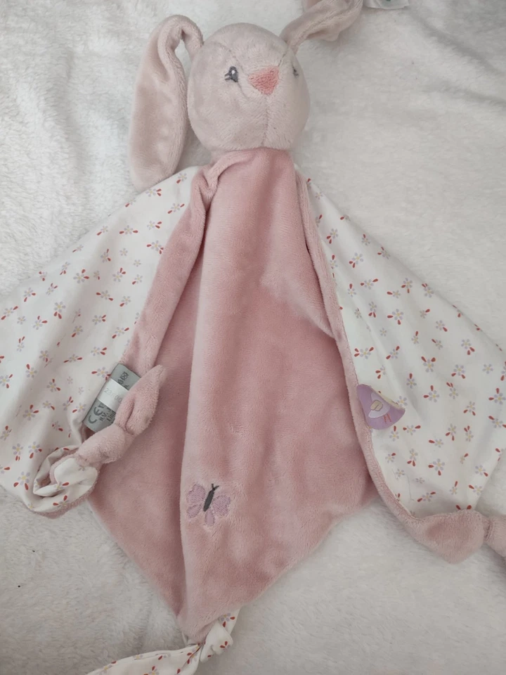 Doudou Plat Alice Et Pomme Lapin Rose Blanc Fleur Papillon Attache Tétine Nattou - Photo 1/1