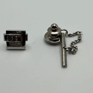 Vintage Tie Tack Square Silver Tone Crystal Accent Pin - Picture 1 of 8