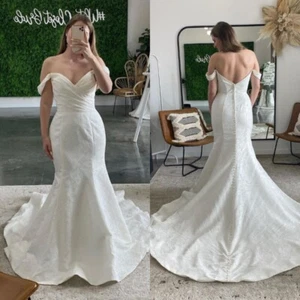 Jacquard Satin Wedding Dresses Sweetheart Mermaid Off Shoulder Bridal Gowns - Picture 1 of 9