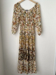 Anthropologie Fig & flower Dress M Maxi Tiered Peasant Prairie Floral Smocked - Picture 1 of 7